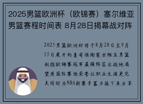 2025男篮欧洲杯（欧锦赛）塞尔维亚男篮赛程时间表 8月28日揭幕战对阵爱沙尼亚